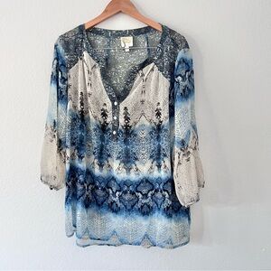 Figueroa & Flower Blue and Gray Paisley and Snakeskin Print Sheer Boho Top Sz 2X